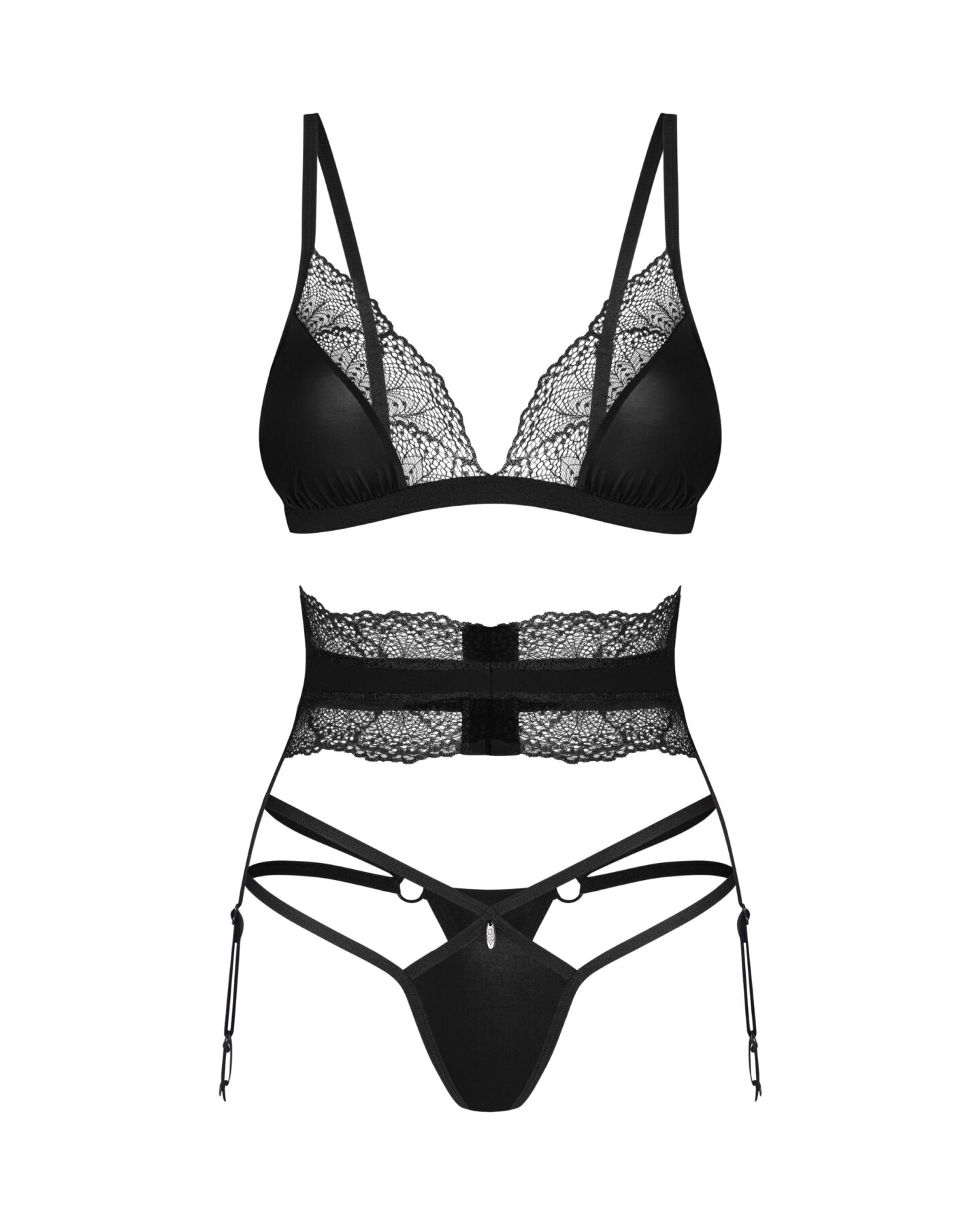 Комплект Obsessive Lobellis 3-pcs set, XS/S, чорний, ліф з м’якою чашкою, стрінги, пояс для панчіх - Зображення 3