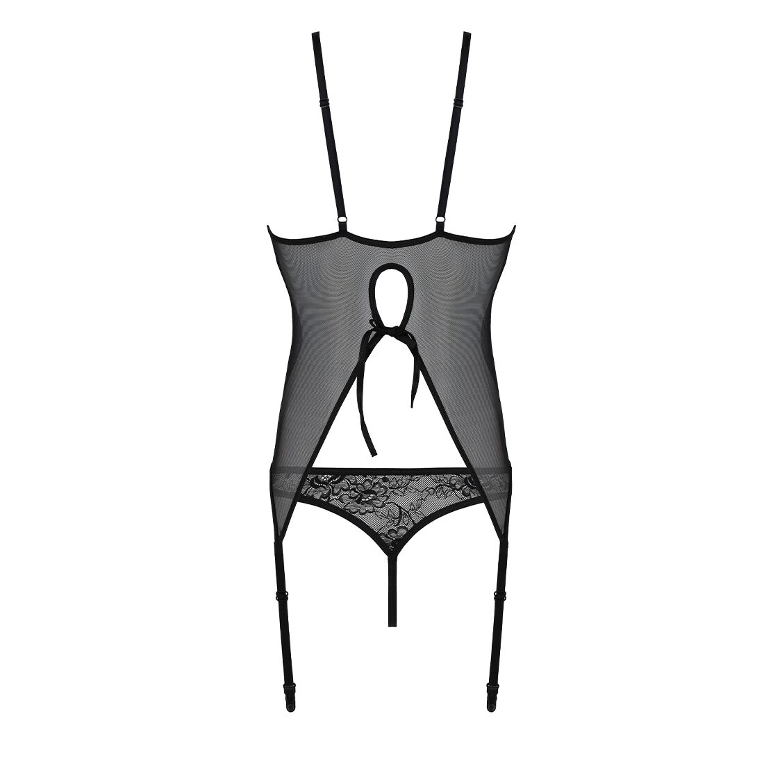 Корсет із пажами, трусики з ажурним декором та відкритим кроком Passion URSULA CORSET L/XL, black - Зображення 5