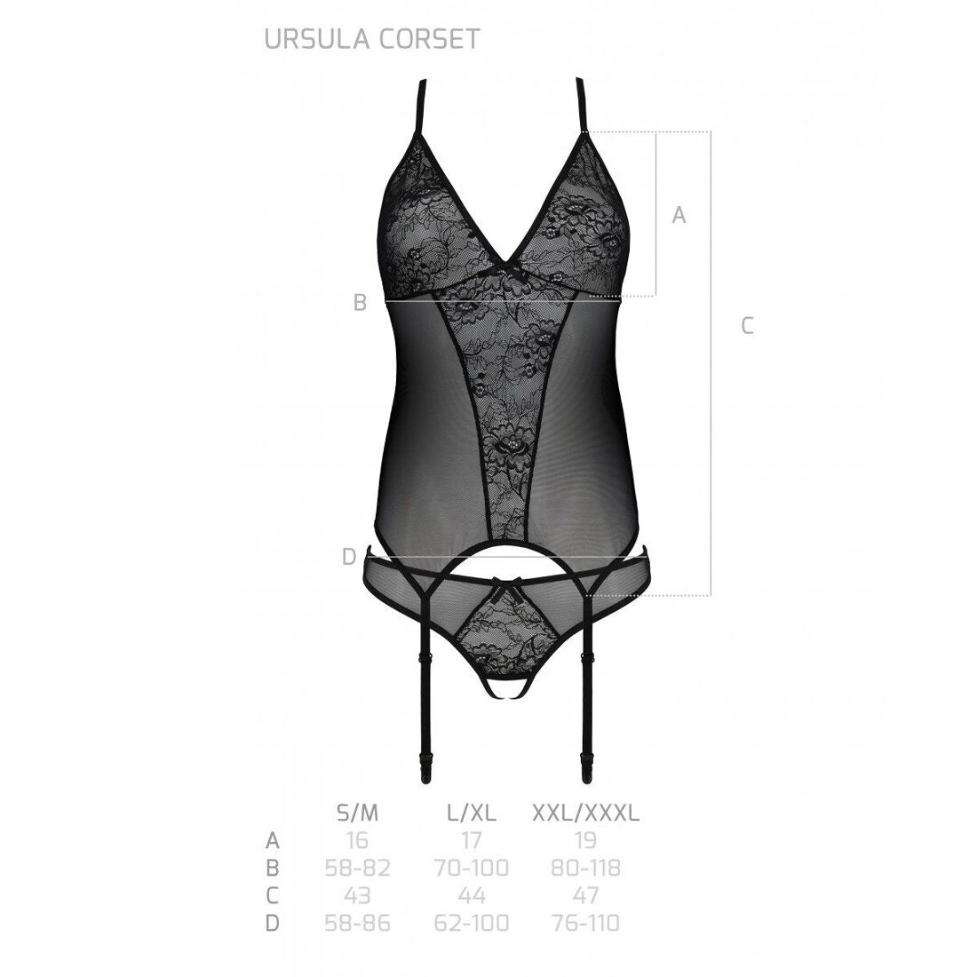 Корсет із пажами, трусики з ажурним декором та відкритим кроком Passion URSULA CORSET L/XL, black - Зображення 6