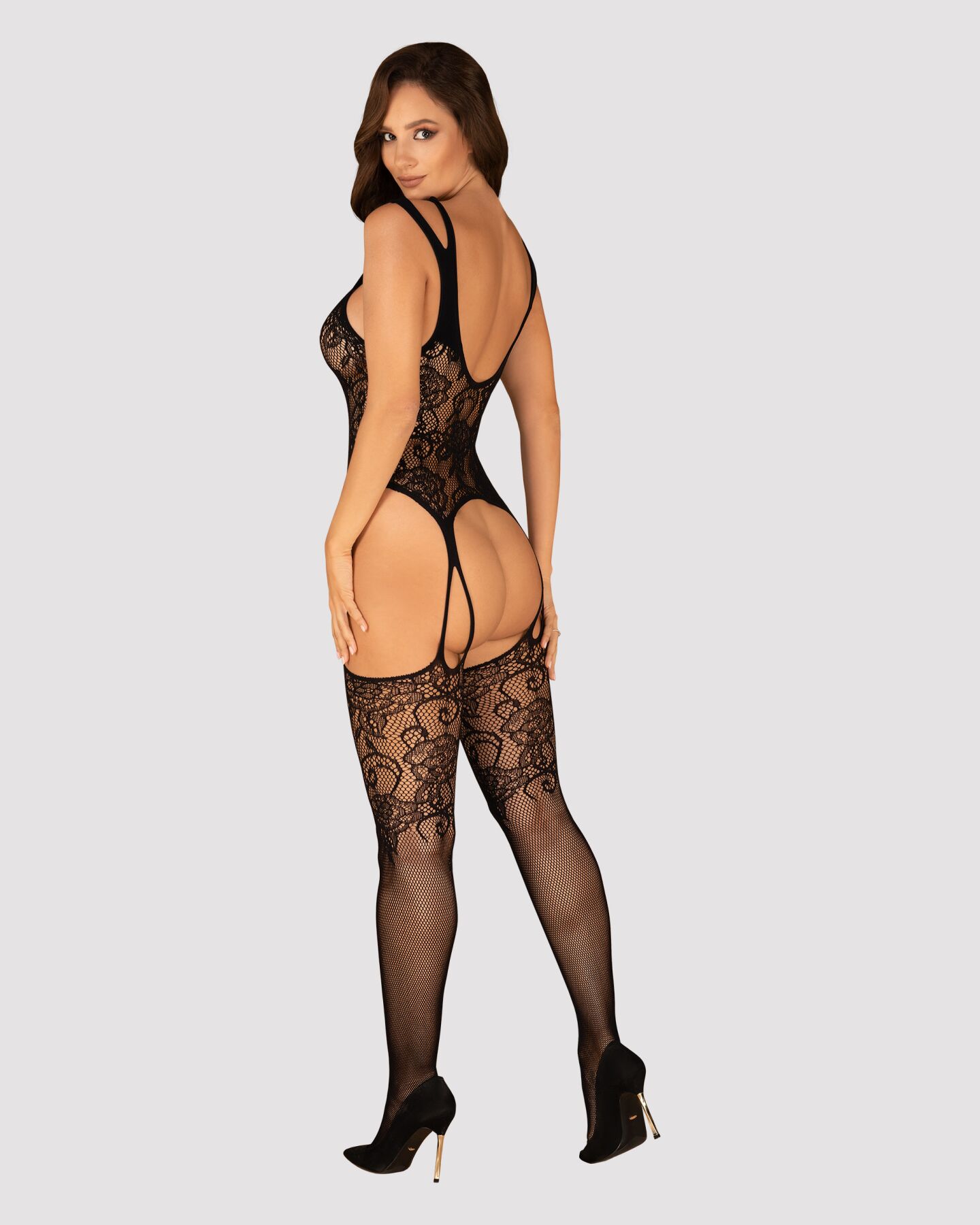 Бодістокінг Obsessive Bodystocking F237 XL/XXL, рослинне плетіння, імітація панчіх - Зображення 4