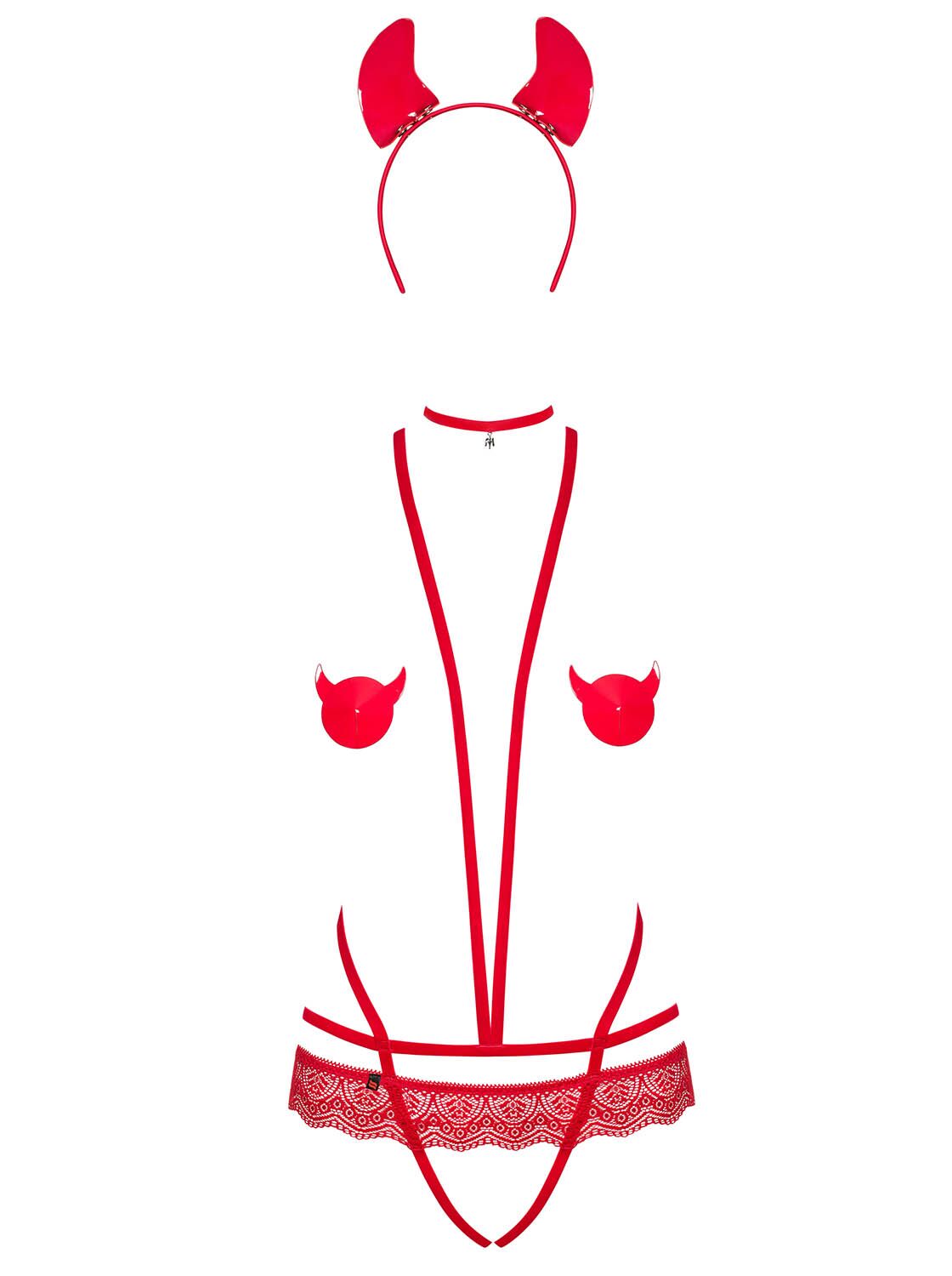 Еротичний костюм чортика зі стреп Obsessive Evilia teddy red S/M, боді, чокер, накладки на соски, обруч з ріжками - Зображення 5