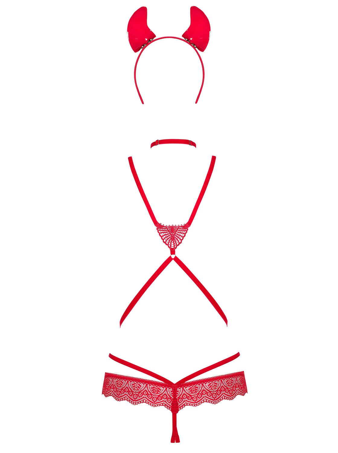 Еротичний костюм чортика зі стреп Obsessive Evilia teddy red S/M, боді, чокер, накладки на соски, обруч з ріжками - Зображення 6