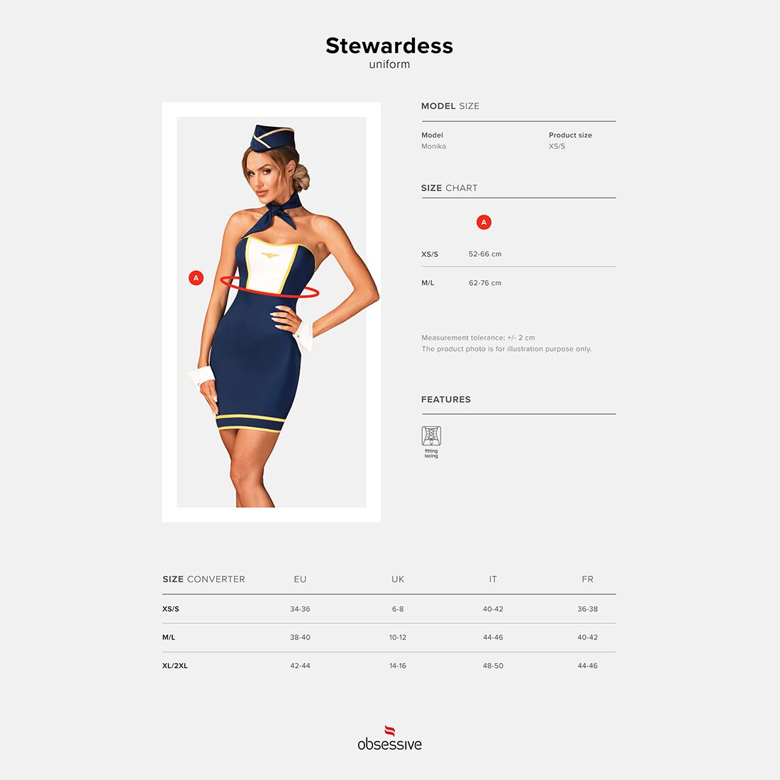 Еротичний костюм стюардеси Obsessive Stewardess uniform XS/S, blue, сукня, пілотка, шарф, манжети - Зображення 7
