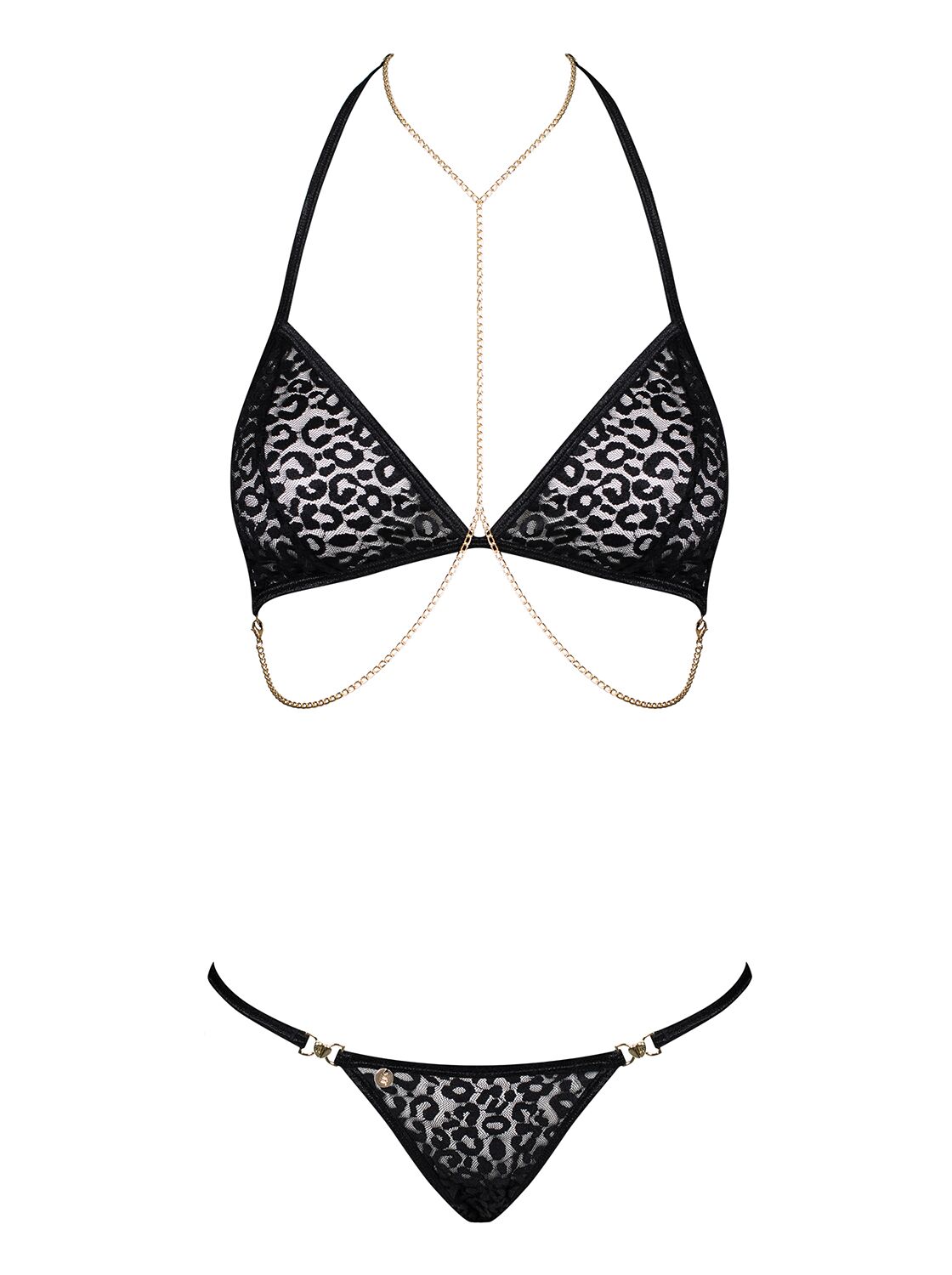 Комплект із ланцюжками Obsessive Pantheria 2-pcs set black S/M, бюстгальтер, трусики - Зображення 3