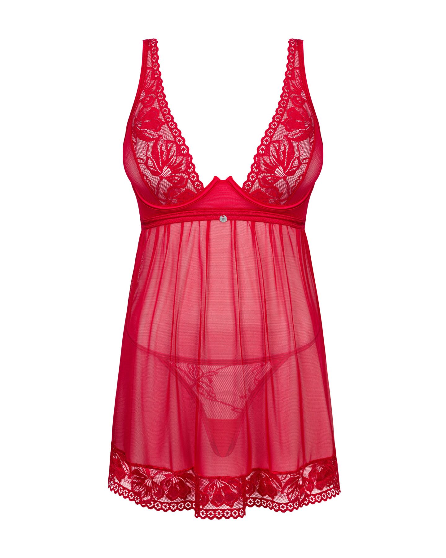 Прозора сорочка бебі-дол Obsessive Lacelove babydoll & thong XL/2XL Red, мереживо, стрінги - Зображення 3