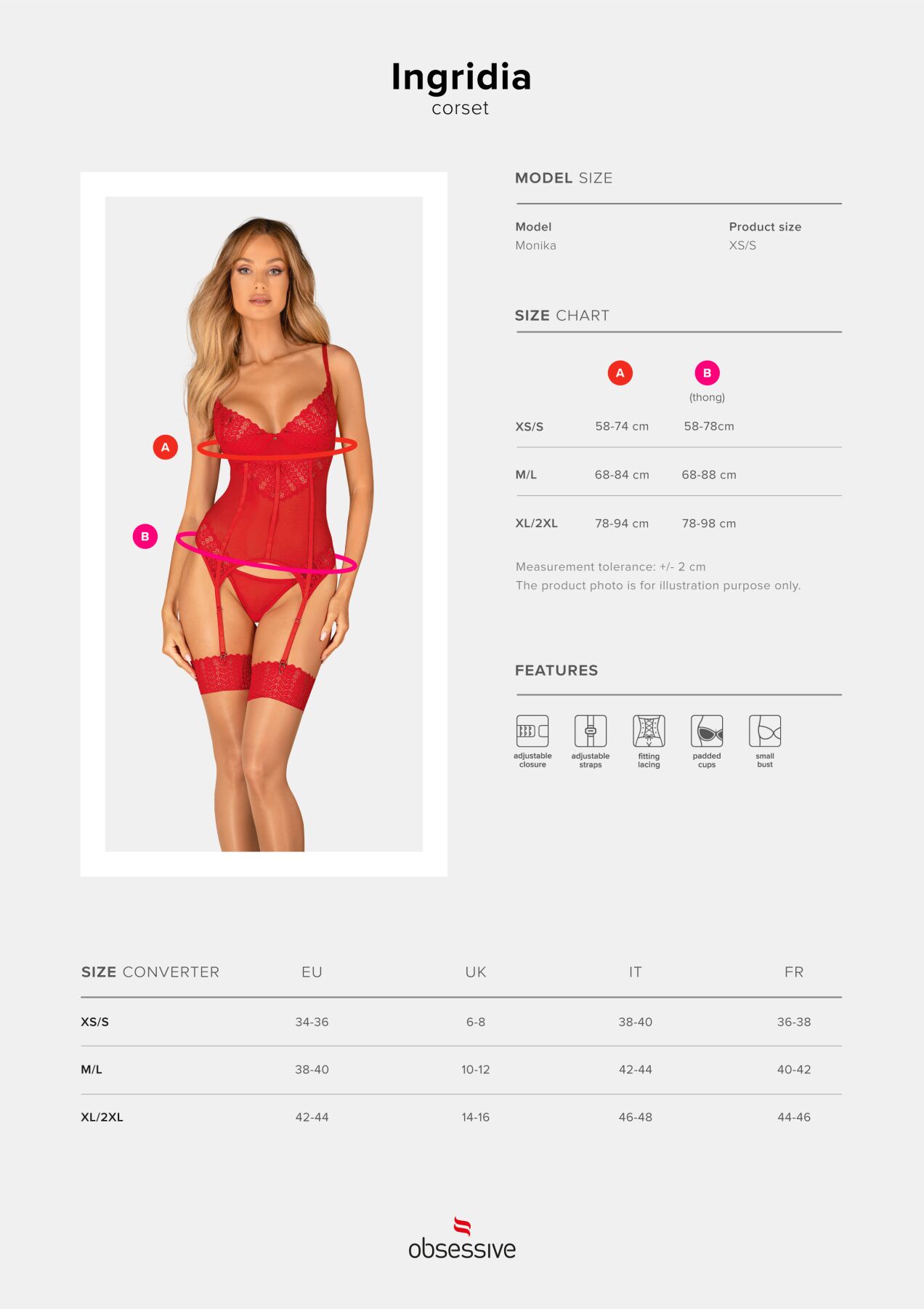 Комплект корсет та стрінги Obsessive Ingridia corset & thong XL/2XL, червоний - Зображення 5