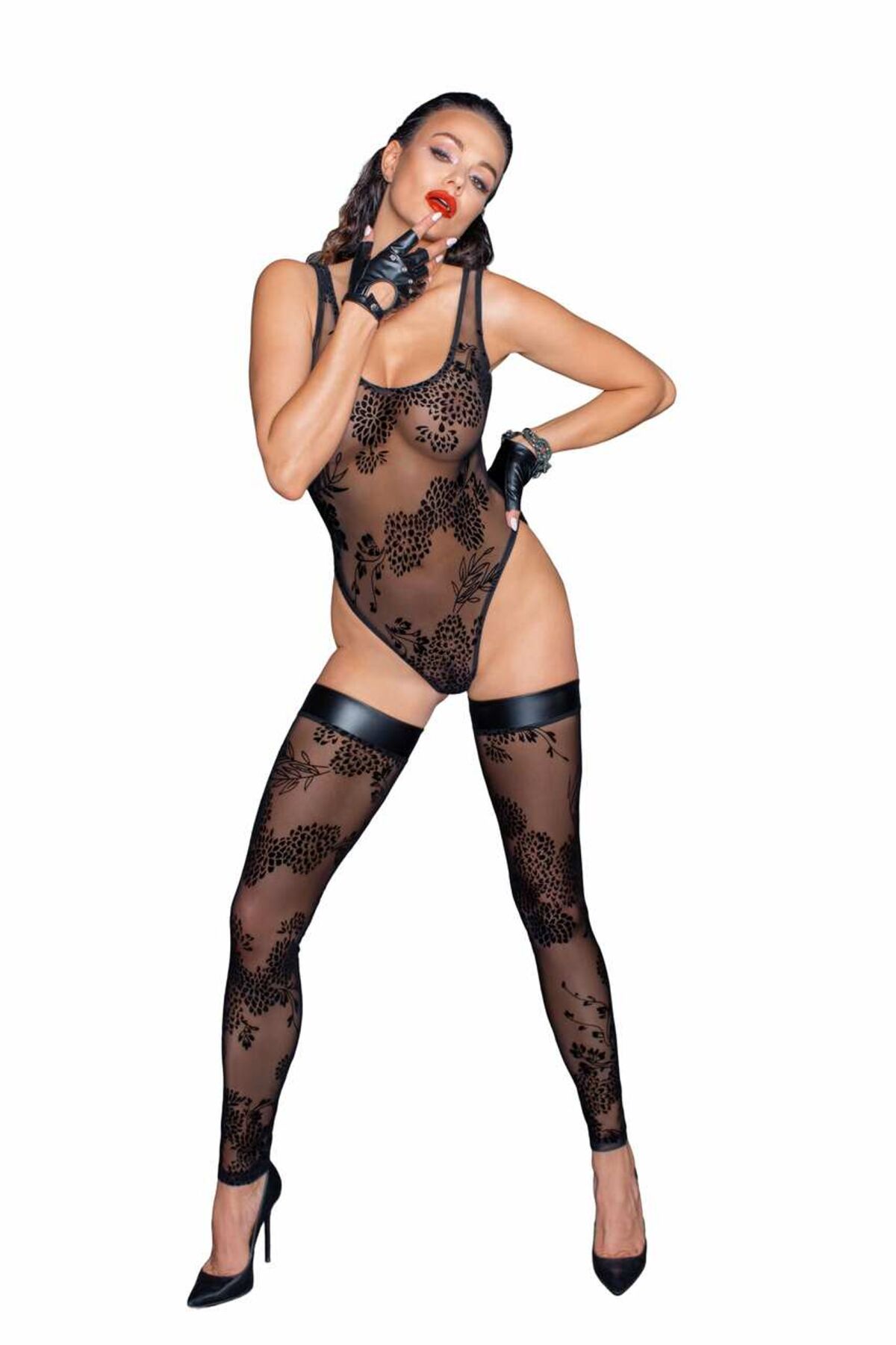 Боді Noir Handmade F242 Tulle body with patterned flock embroidery, L - Зображення 4