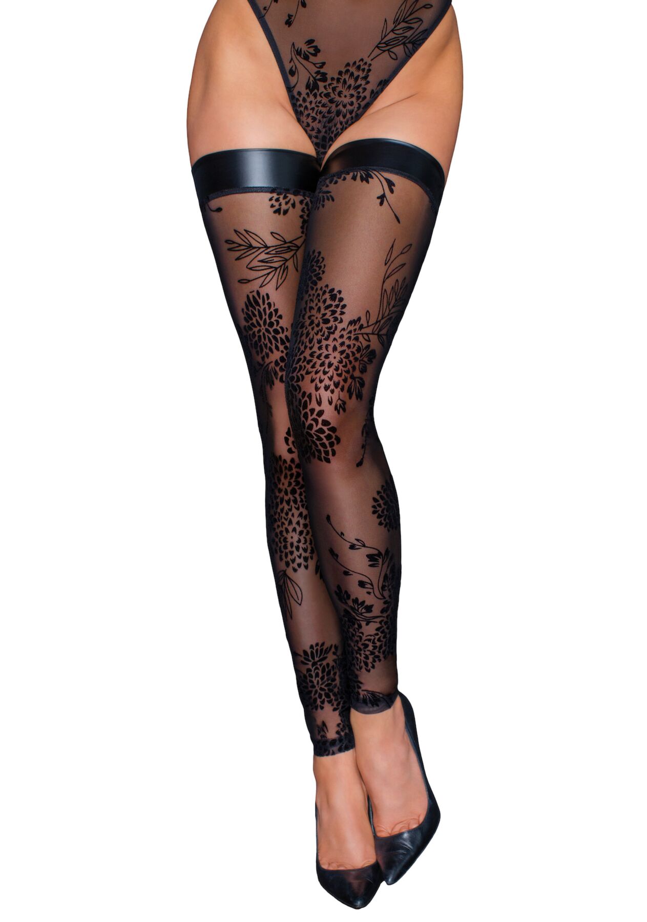 Панчохи без миска Noir Handmade F243 Tulle stockings with patterned flock embroidery, L
