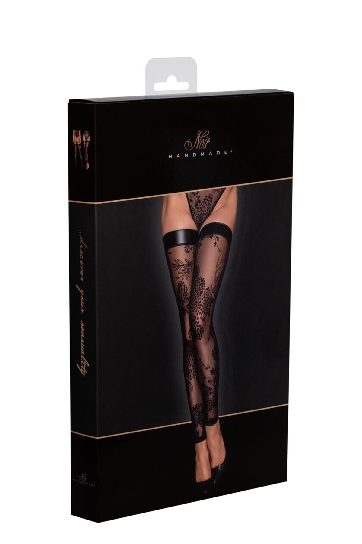 Панчохи без миска Noir Handmade F243 Tulle stockings with patterned flock embroidery, L - Зображення 6