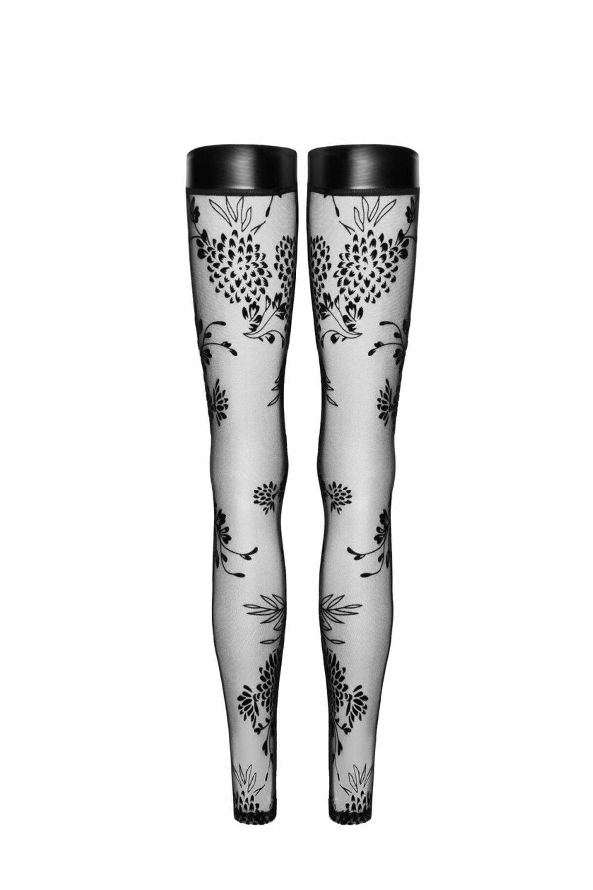 Панчохи без миска Noir Handmade F243 Tulle stockings with patterned flock embroidery, XL - Зображення 5