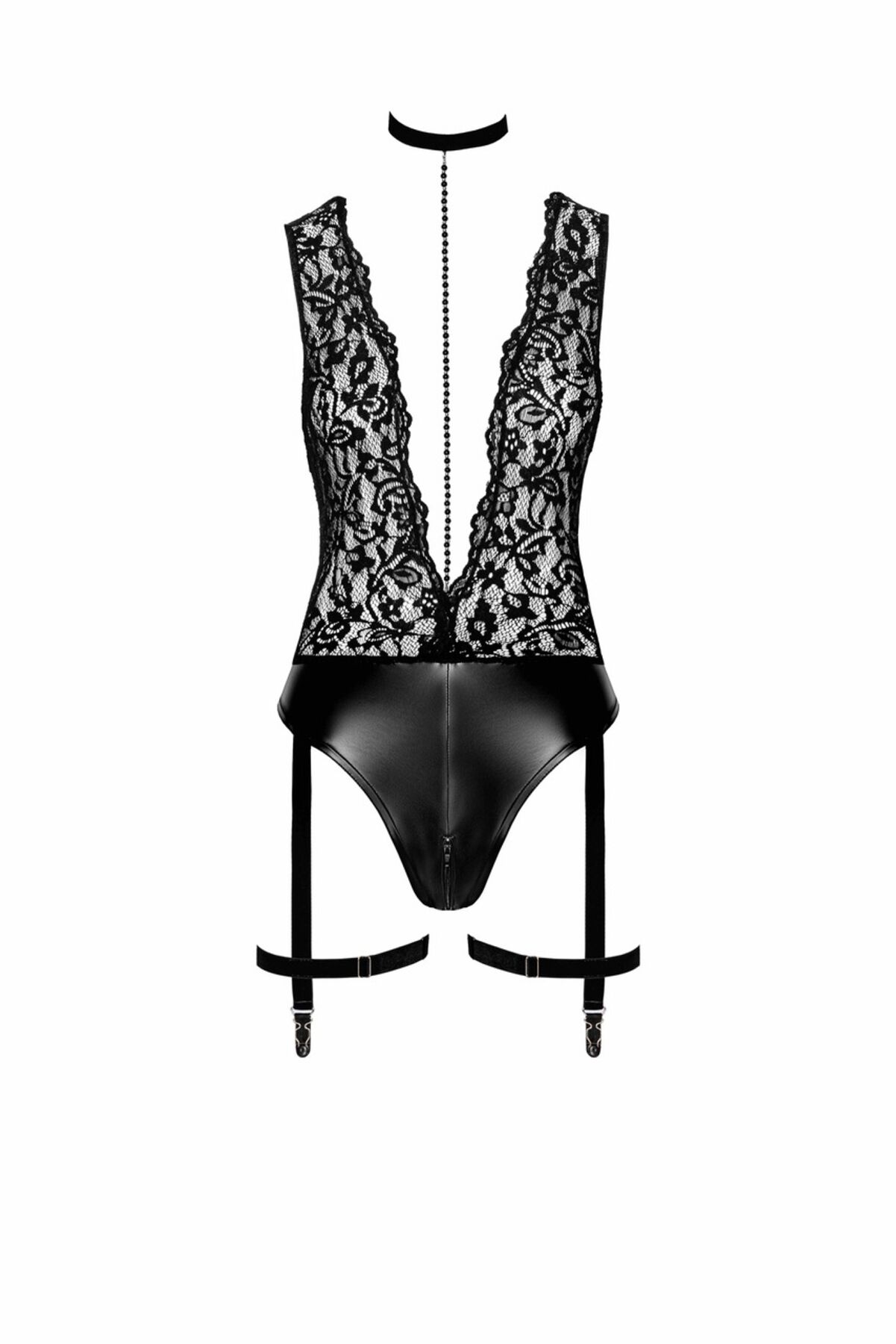 Боді Noir Handmade F297 Libido, XL, чорне, мереживо, низ під латекс, відкритий доступ, гартери - Зображення 4