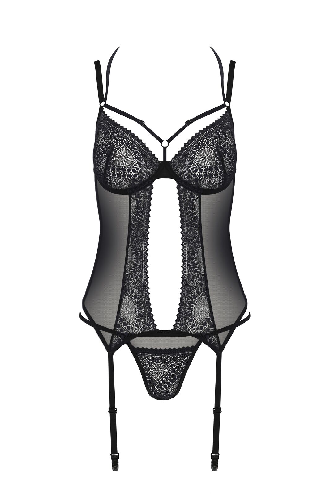 Корсет Passion DROSERA CORSET black, S/M, з кріпленнями для панчіх, трусики в комплекті - Зображення 3