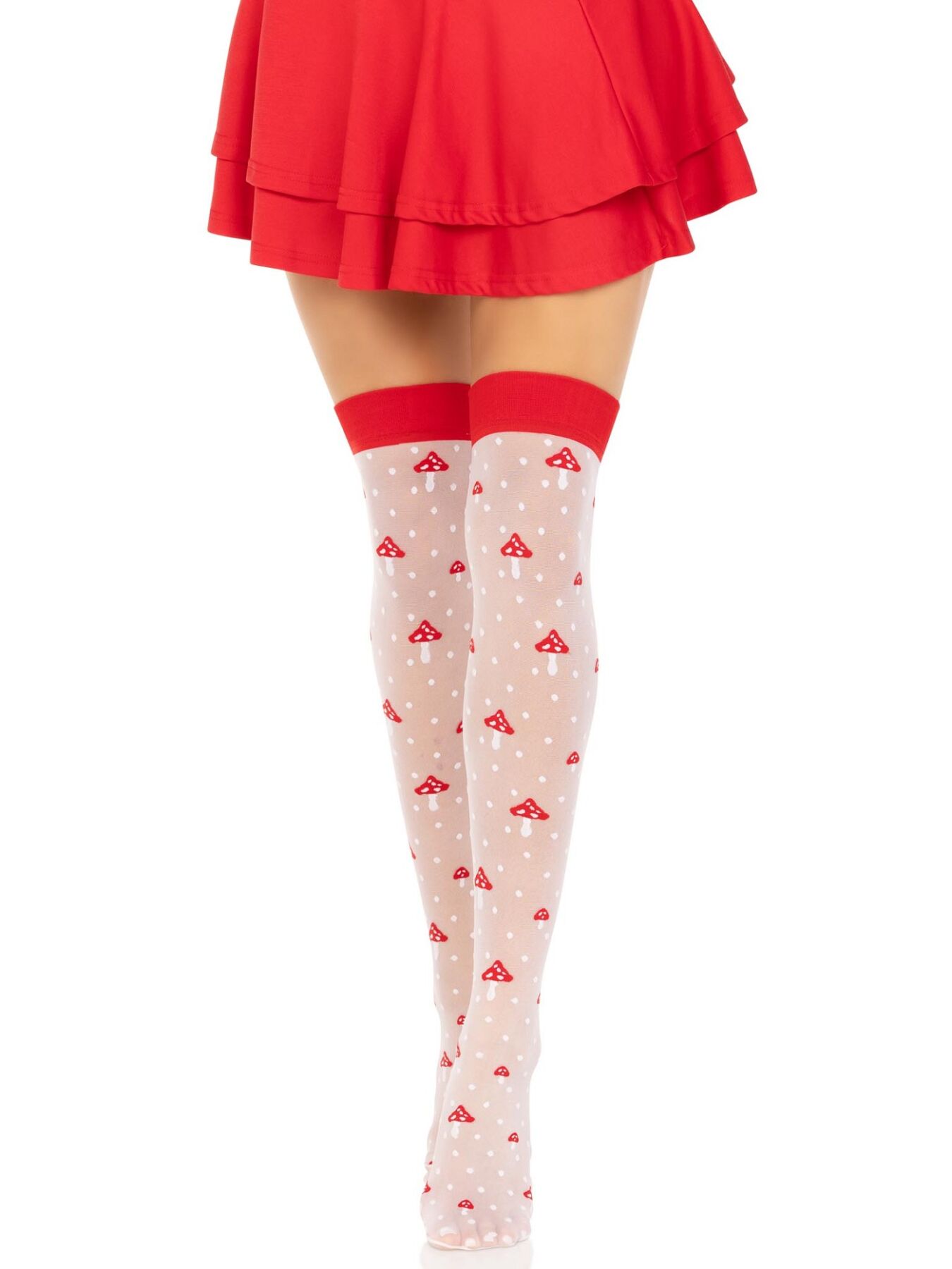 Панчохи Leg Avenue Polka Dot Mushroom Thigh Highs, One Size, біло-червоні, на резинці, малюнок — гриби - Зображення 5
