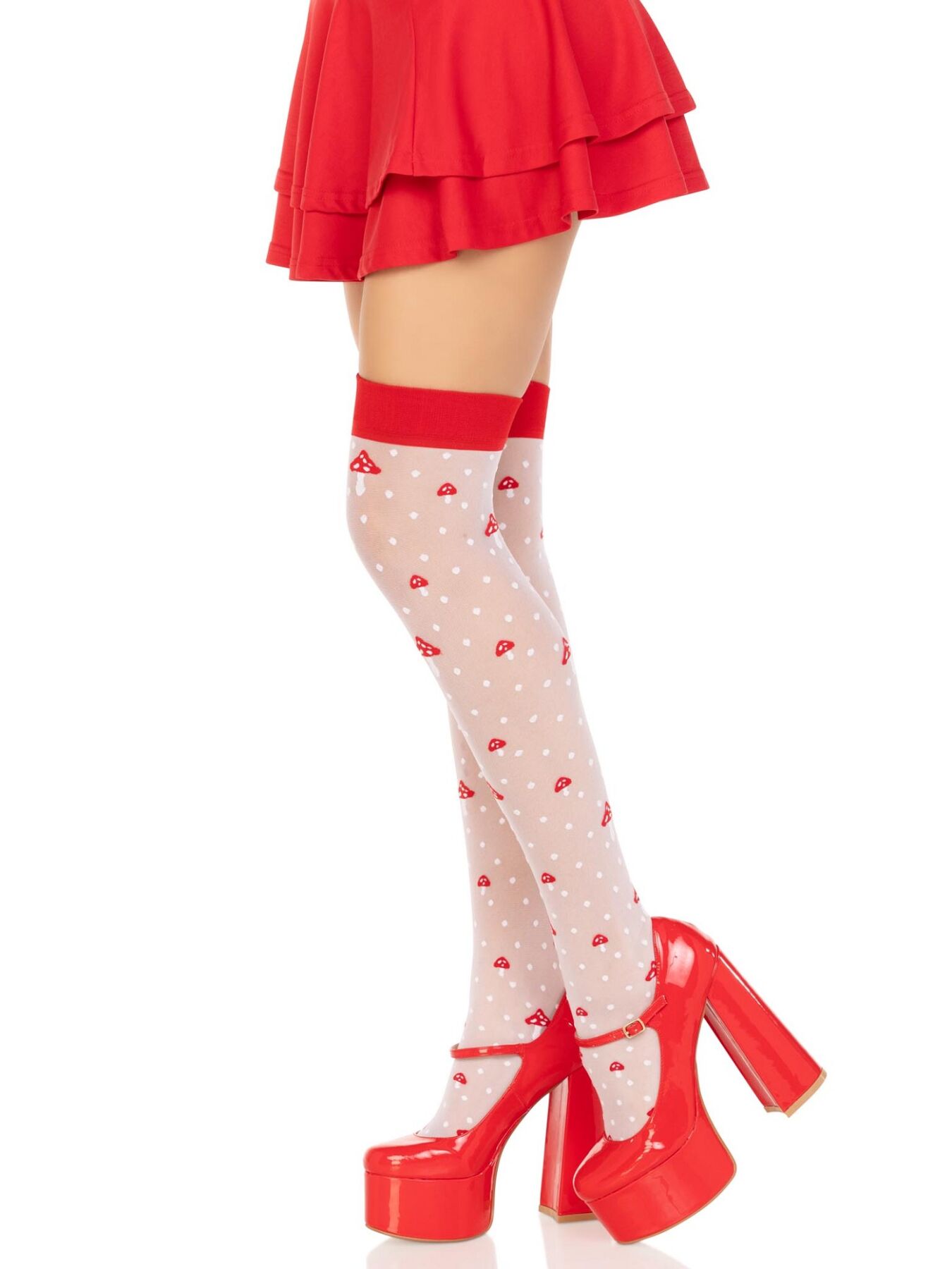 Панчохи Leg Avenue Polka Dot Mushroom Thigh Highs, One Size, біло-червоні, на резинці, малюнок — гриби - Зображення 4