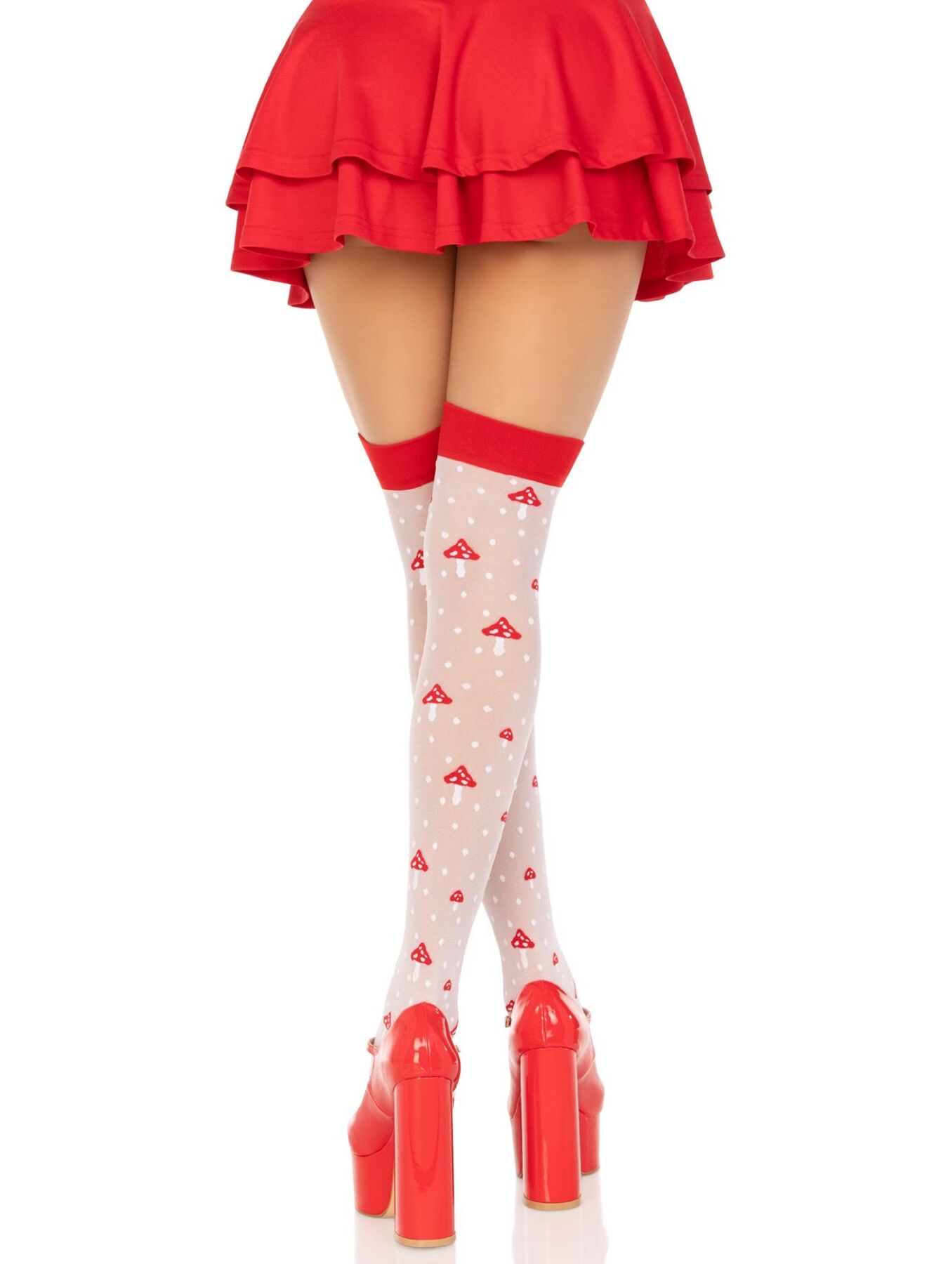 Панчохи Leg Avenue Polka Dot Mushroom Thigh Highs, One Size, біло-червоні, на резинці, малюнок — гриби - Зображення 2