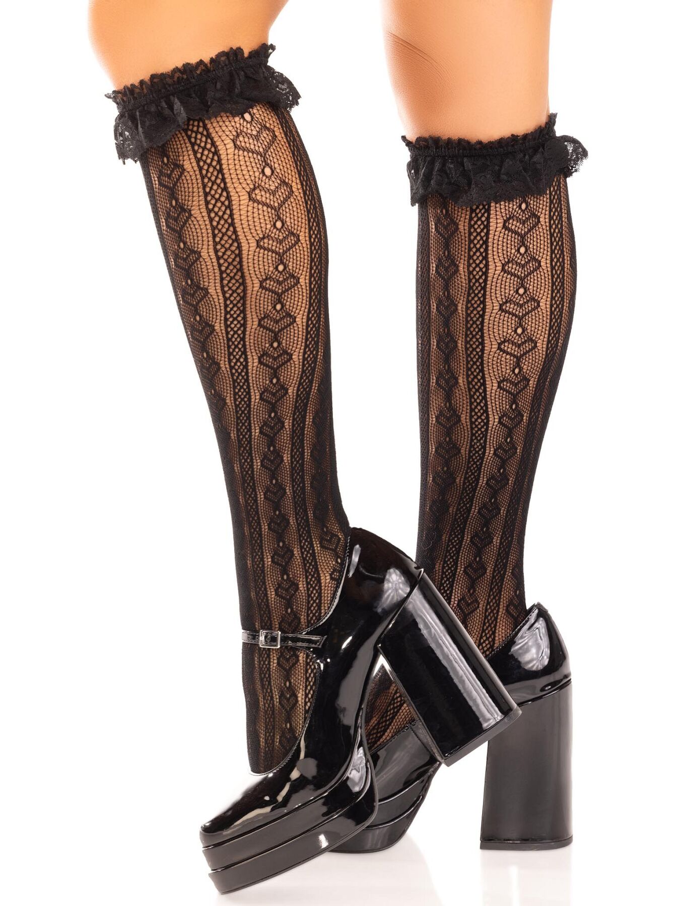 Гольфи ажурні Leg Avenue Sweetheart Ruffle Cuff Knee Highs, чорні, з рюшами, малюнок-сердечка - Зображення 2
