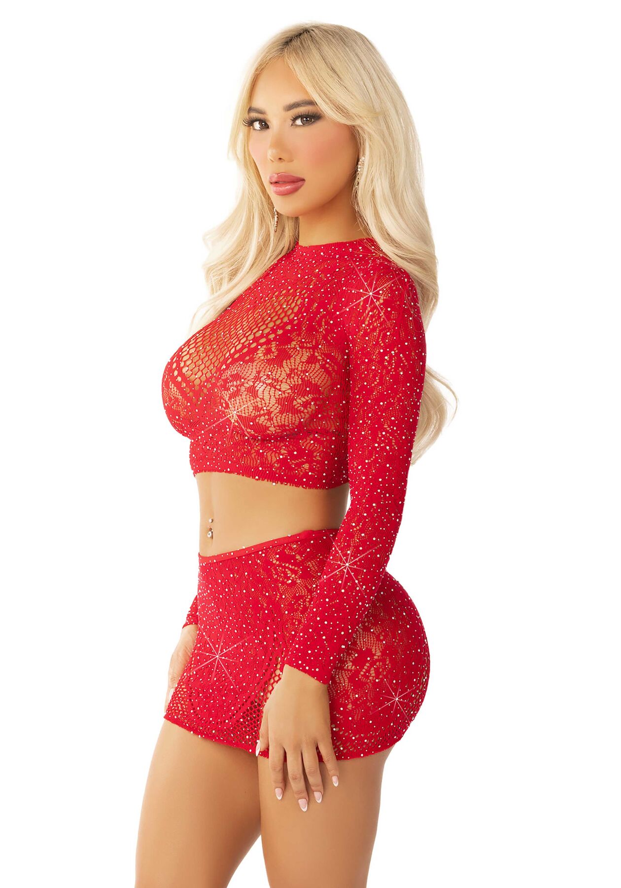 Комплект Leg Avenue Rhinestone Crop Top and Mini Skirt One Size, Red - Зображення 3